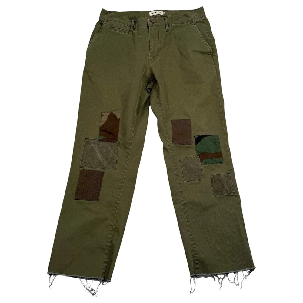 Taylor Stitch Chino Pants Mens 31 Olive Green Patchwork Raw Hem Straight Leg